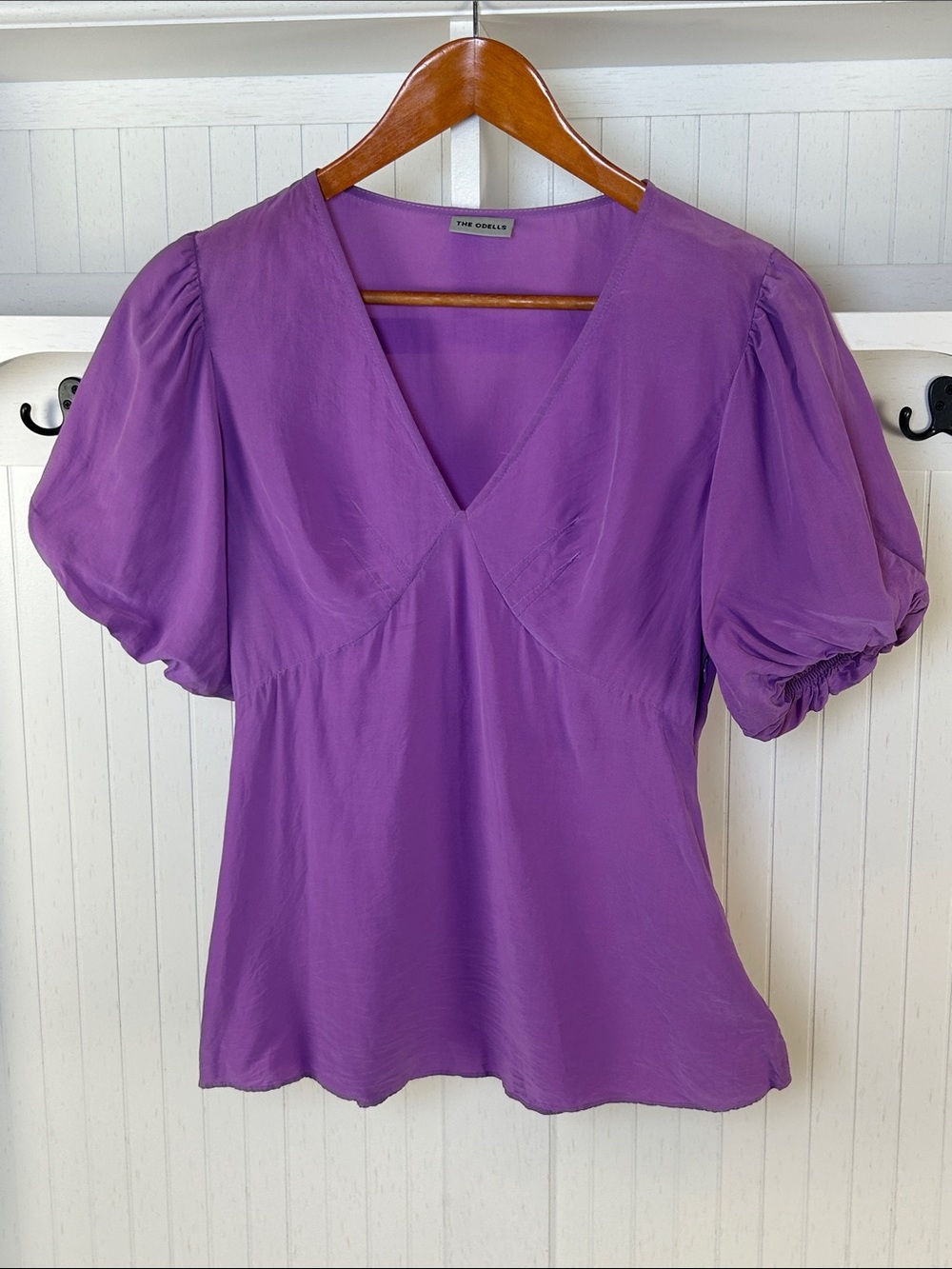 The Odells Purple Puff Sleeve V Neck Blouse